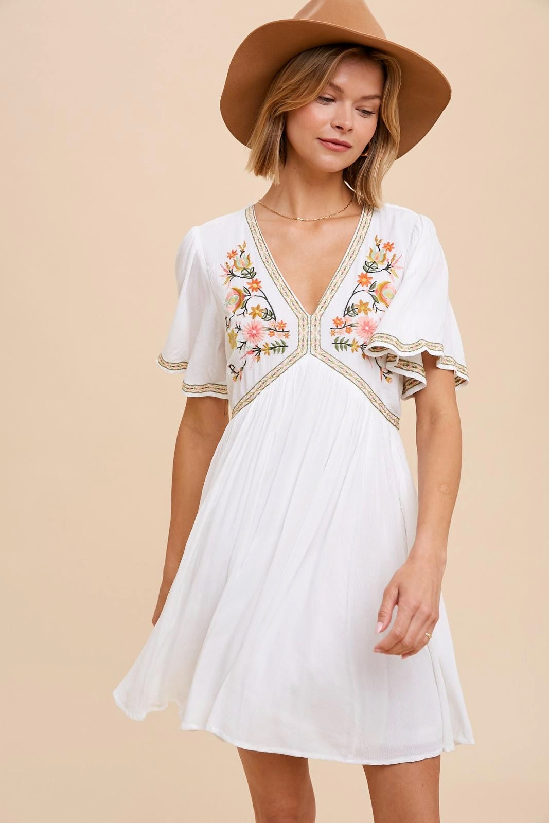 Lilly embroidered floral white mini dress