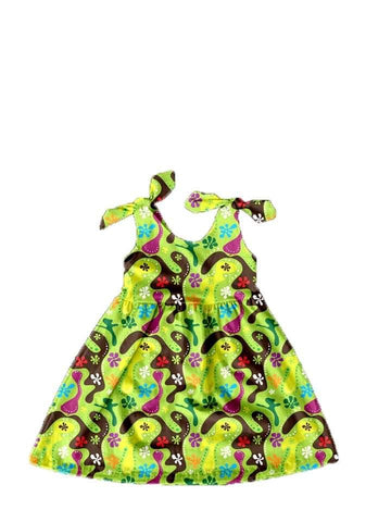 ComfyCute Tie-Sleeve Dress - Groovy Green Retro Floral [PREORDER]