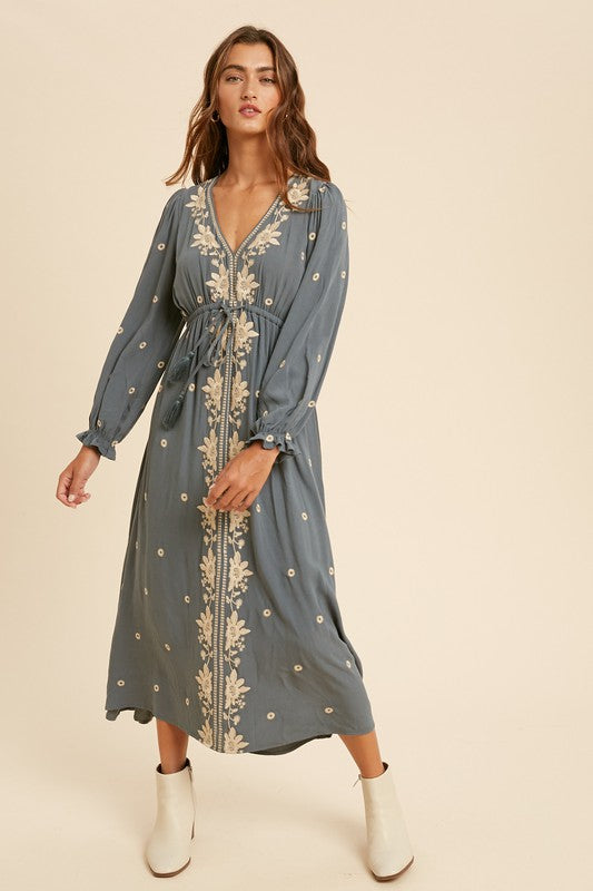 Again And Again Embroidered Dress in Dusty Slate