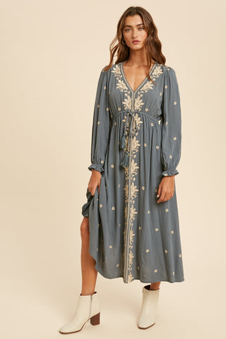 Again And Again Embroidered Dress in Dusty Slate