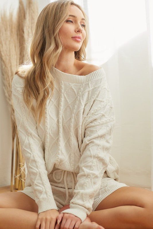 Coming Home Cozy Cable Knit Shorts In White/Ivory