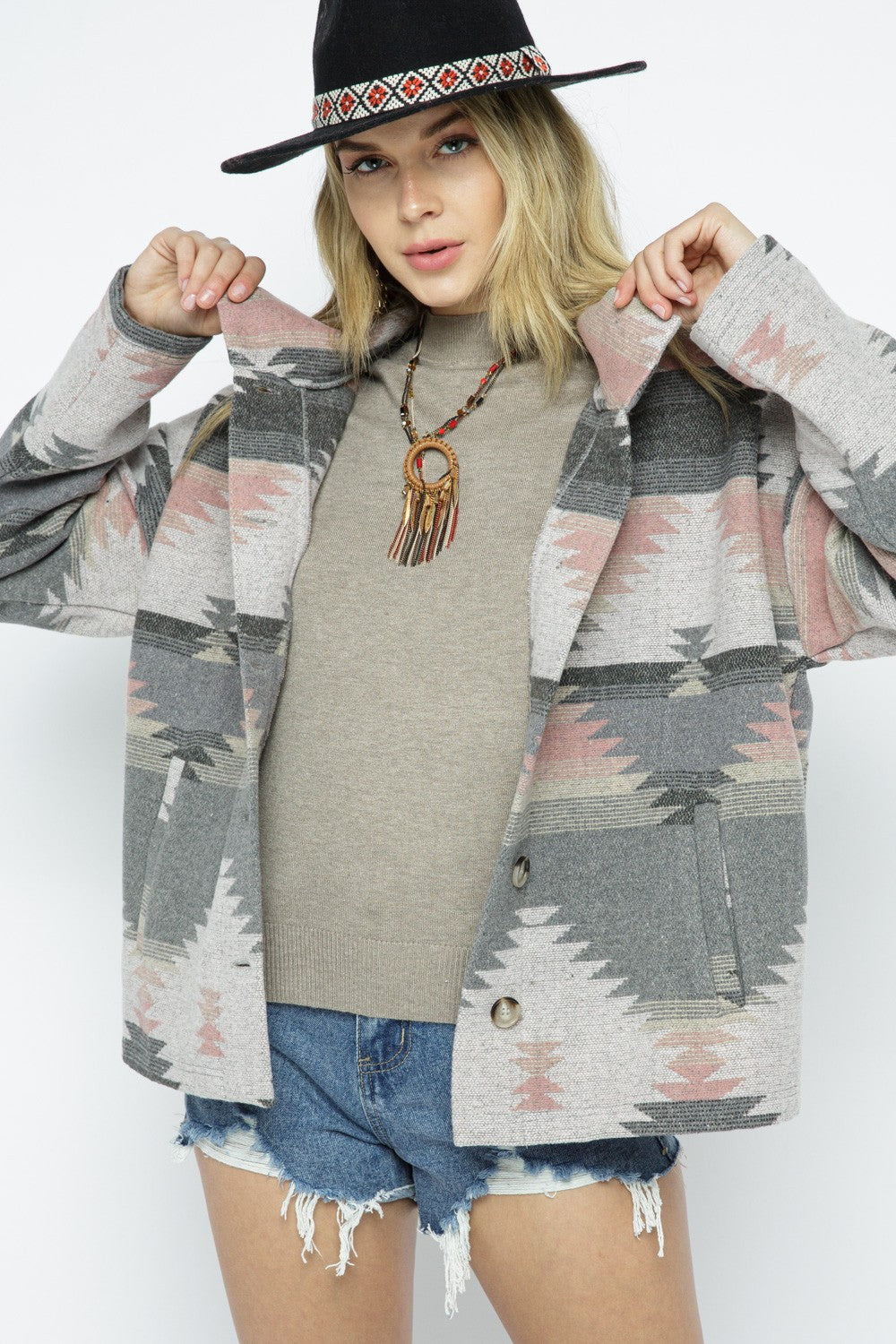 Zess Aztec Distressed Button Down Shacket
