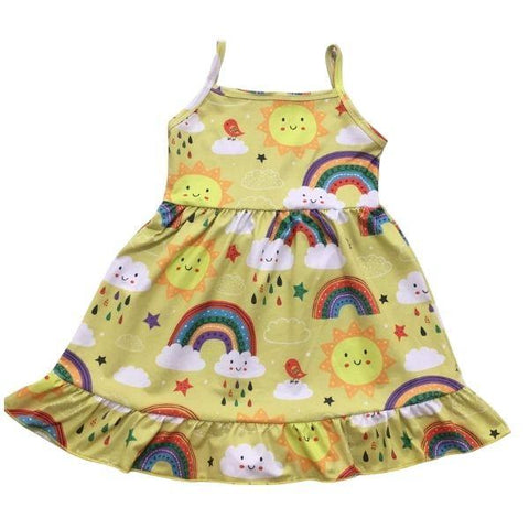 ComfyCute Sleeveless Ruffle Hem Dress - Yellow Sunshine & Rainbows [PREORDER]