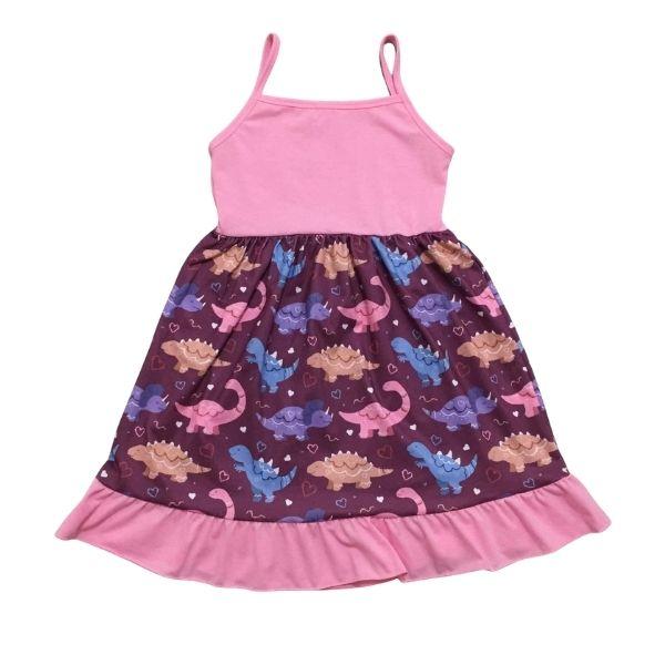 ComfyCute Sleeveless Ruffle Hem Dress - Pink/Purple Dinosaurs [PREORDER]