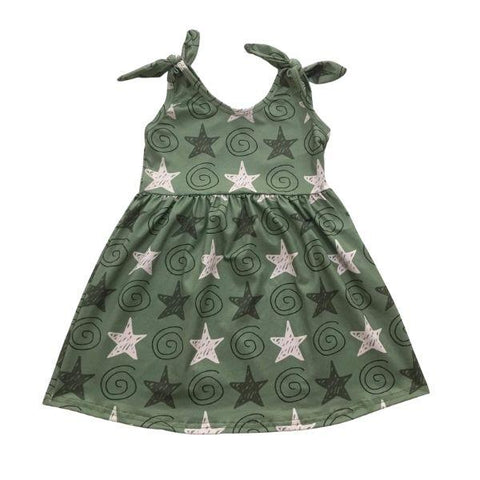 ComfyCute Tie-Sleeve Dress - Army Green Stars & Squiggles [PREORDER]