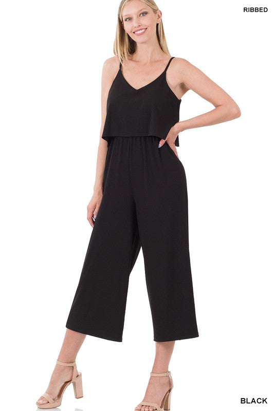 Ribbed Flowy Jumpsuit in Black