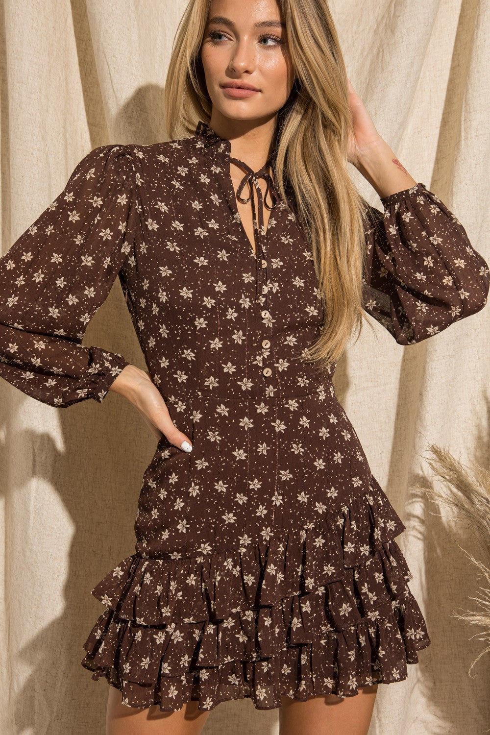 Natalia Floral Brown and Ivory Dress