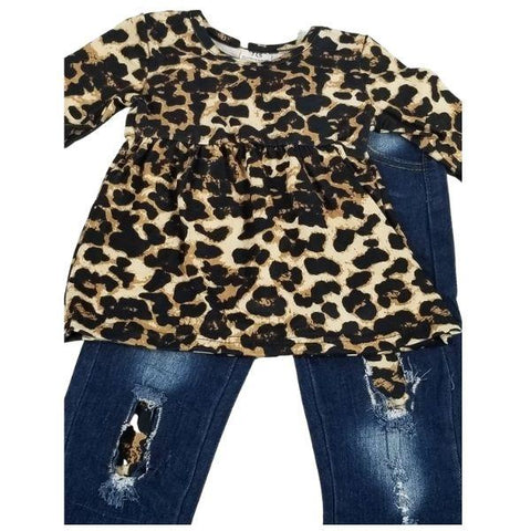 Valentine's Collection - Wild For You Ruffle Sleeve Shirt with Distressed Denim Leopard Accent Jeans