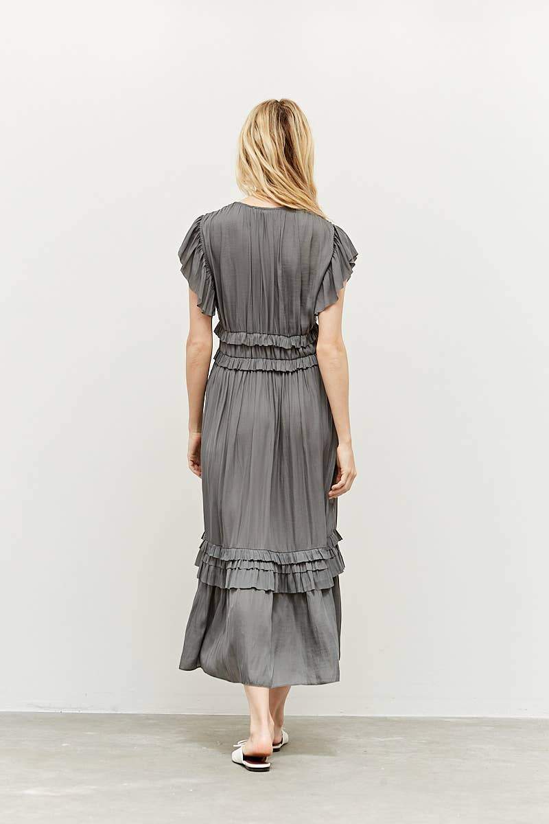 Just For Us Ruffed Satin Dress In Light Gray