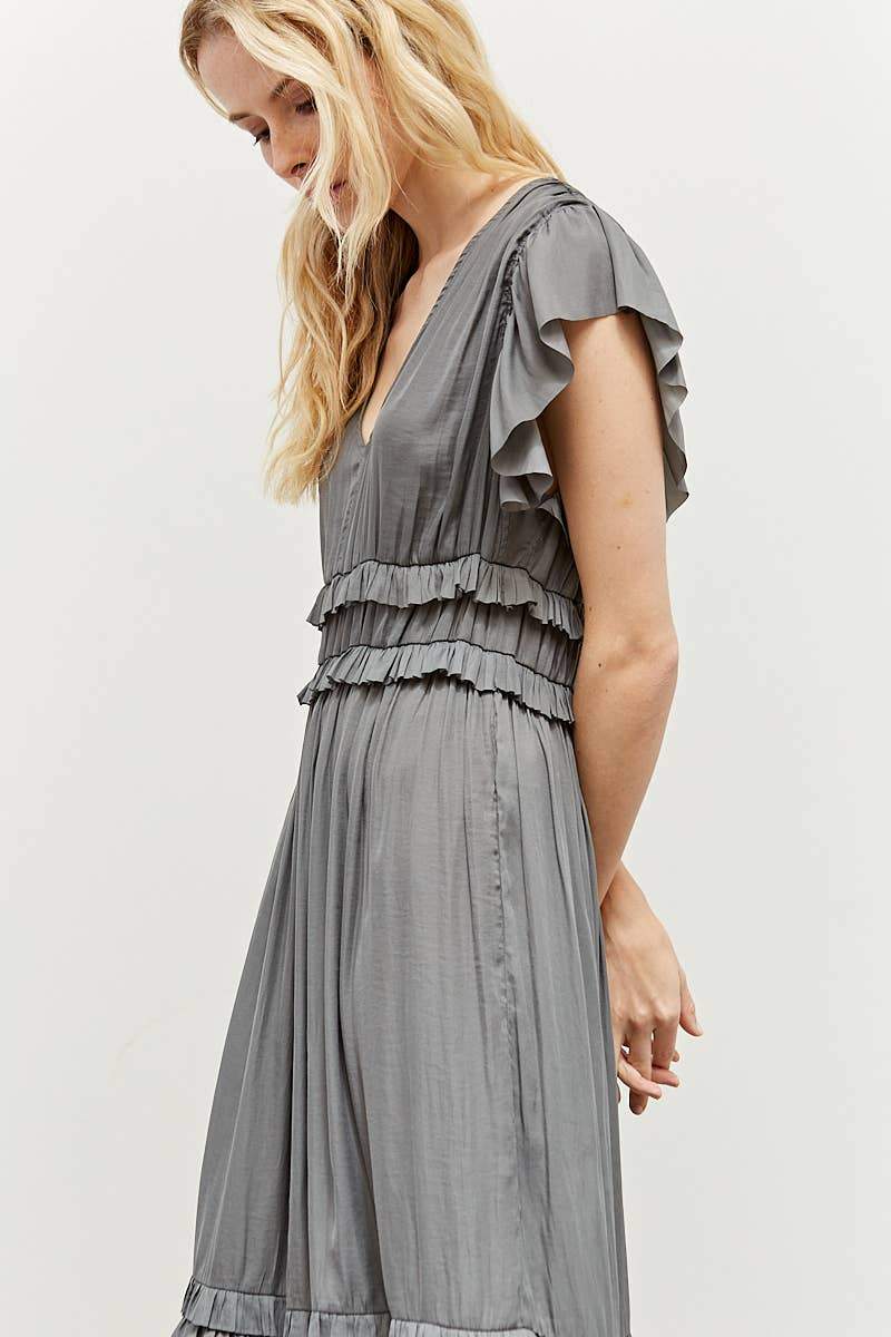 Just For Us Ruffed Satin Dress In Light Gray