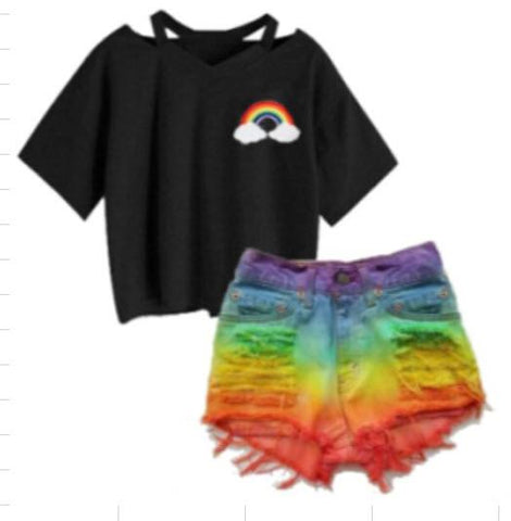 Black Rainbow Accent Distressed Denim Rainbow Shorts Outfit [PREORDER]
