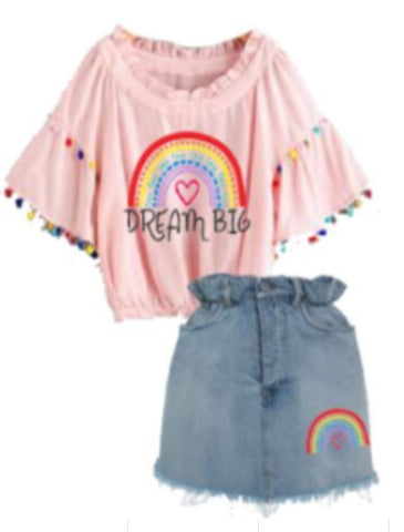 Dream Big Rainbow Pom Denim Skirt Outfit [PREORDER]