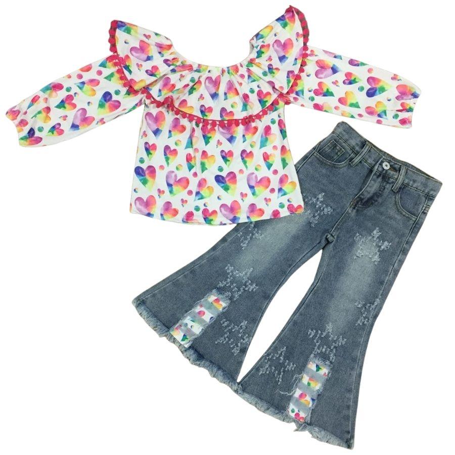 Valentine's Collection: Watercolor Hearts Top with Star Embroidery Jeans