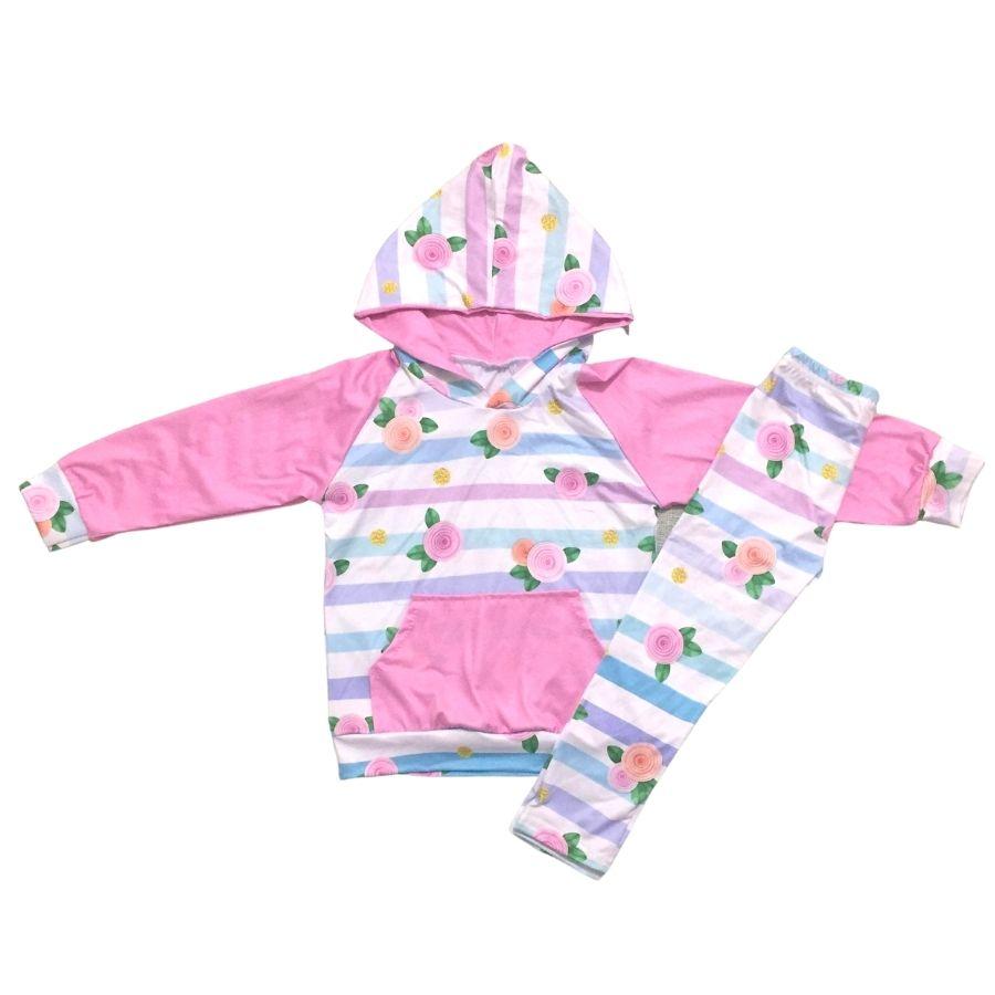 ComfyCute -  Pink and Blue Floral Striped Loungewear Set