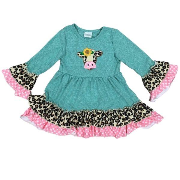Deluxe Teal Sunflower Cow Ruffle Dress