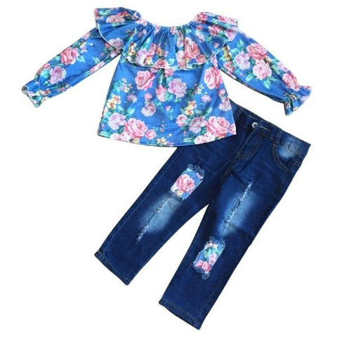 Blue Floral Long Sleeved Shirt with Distressed Denim Pants