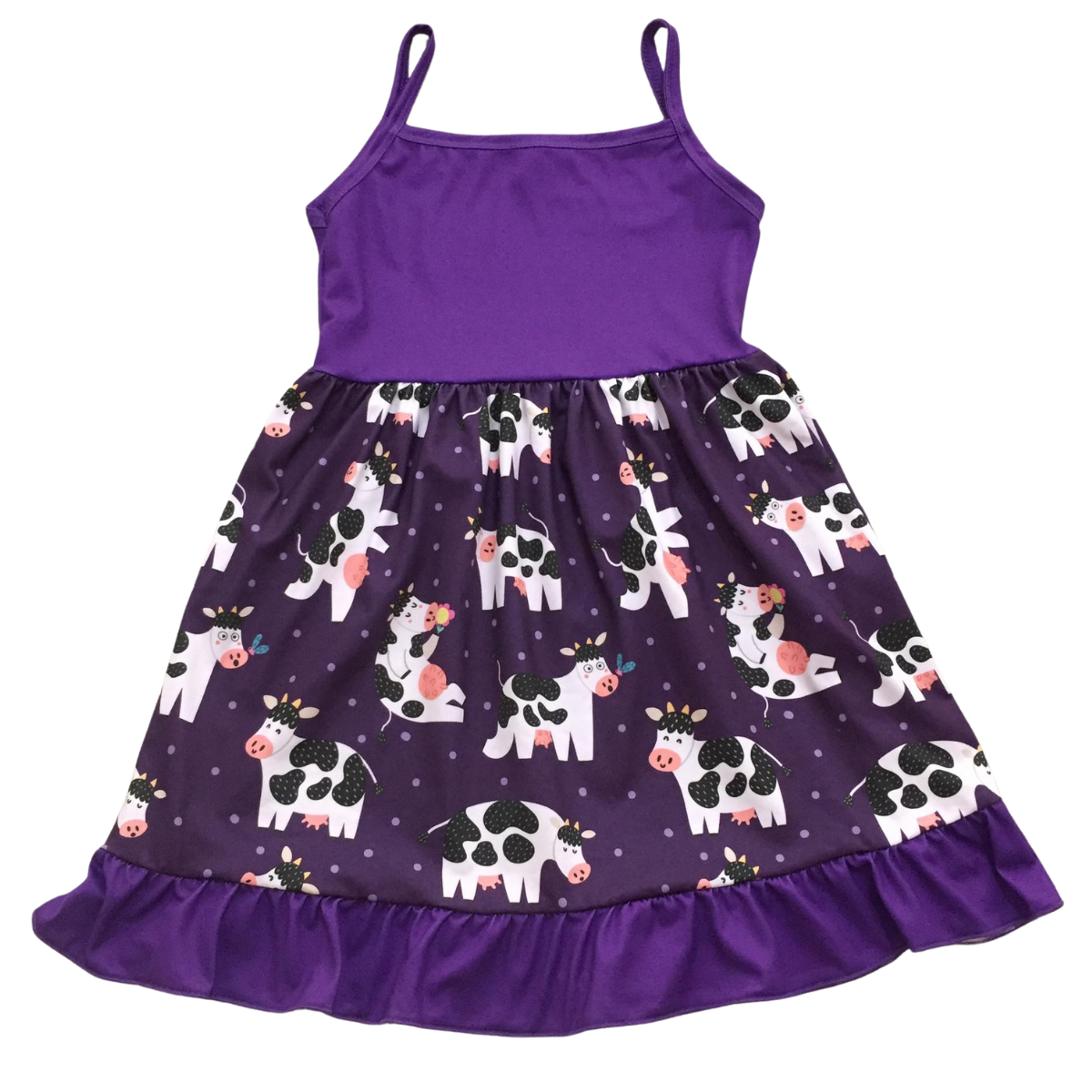 ComfyCute Sleeveless Ruffle Hem Dress - Silly Purple Cows [PREORDER]