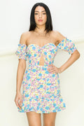 Love ME Floral Off The Shoulder Dress In blue Multi