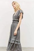 Just For Us Ruffed Satin Dress In Light Gray
