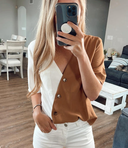Two toned cross v neck top