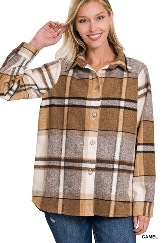Never leaving plaid shacket in Camel