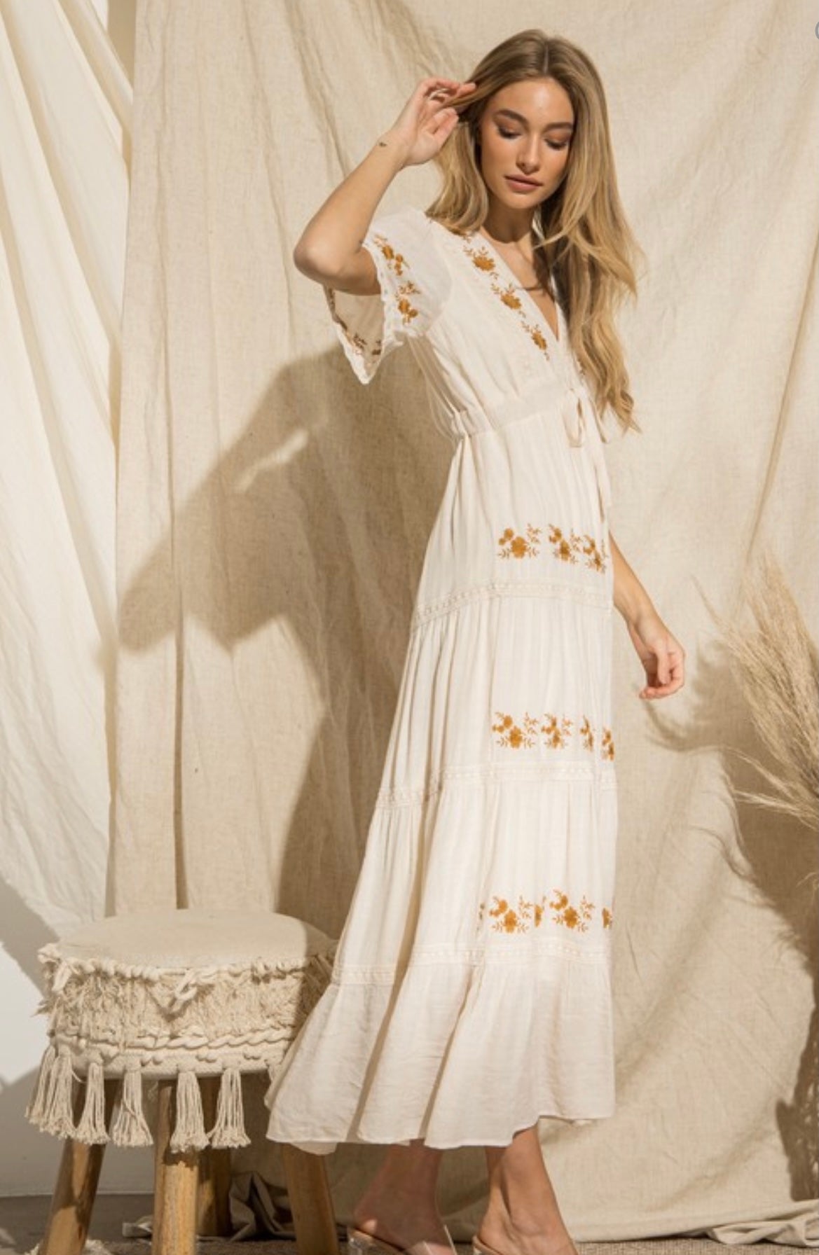 Simply Spotted Floral Embroidered Dress In Ivory Rust