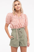 Pink Puff Sleeve Eyelet Top