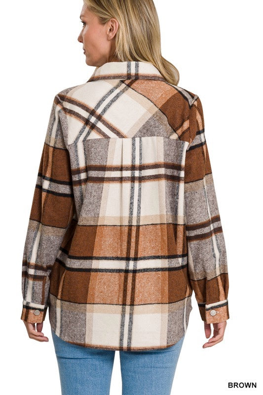 Never leaving plaid shacket in brown