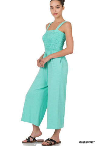 Smocked and striped jumpsuit in mint
