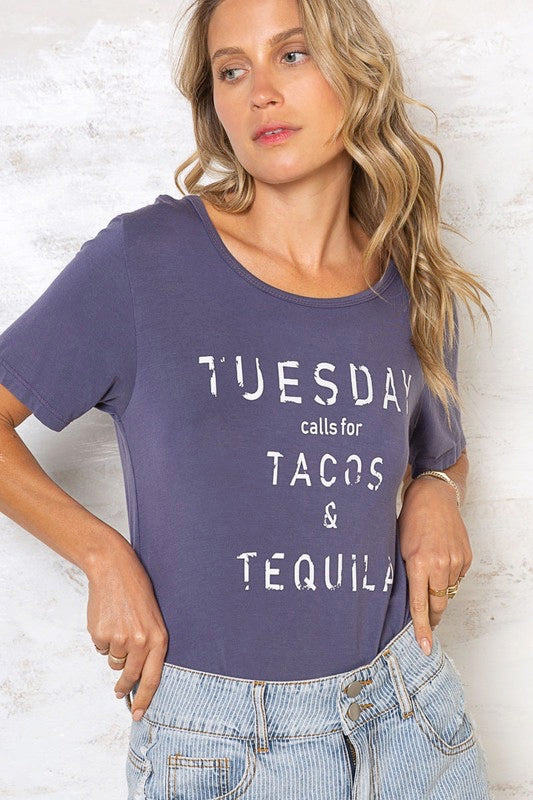 Tacos and Tequila Tee in purple navy