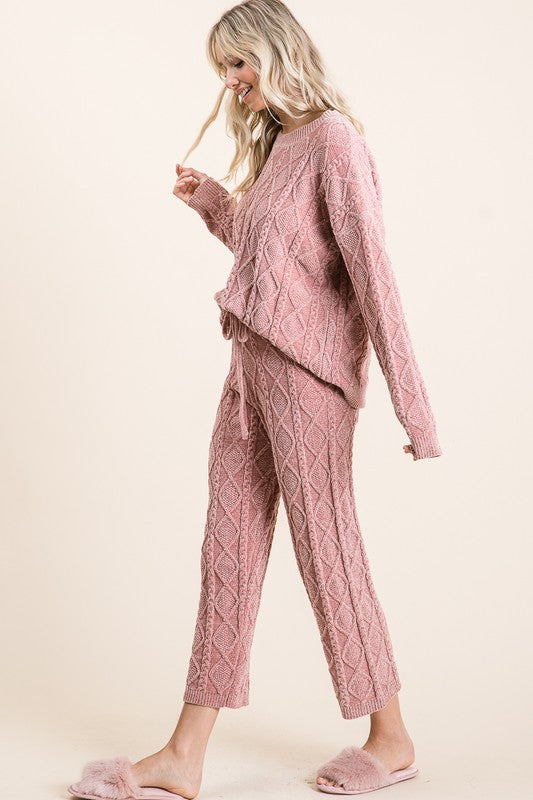 Coming Home Cozy Cable Knit Cropped Pants In Rose