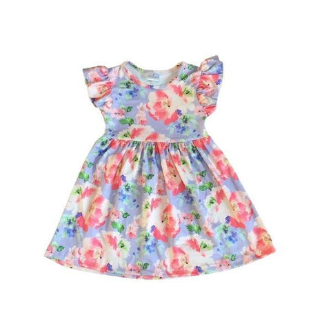 Blue/Pink Floral Short Sleeve Ruffle Sleeve Dress [PREORDER]